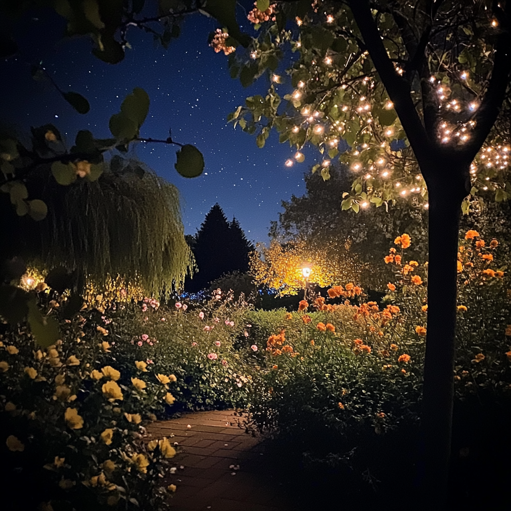 Nighttime garden with warm lights, iphone 15 pro.