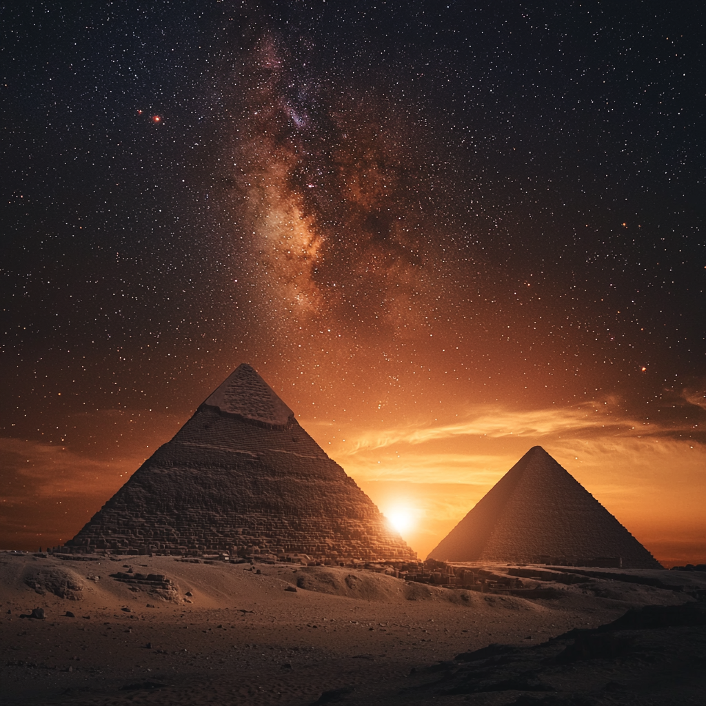 Nighttime in Egypt with Pyramids and Stars