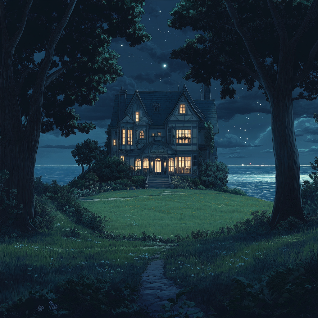 Nighttime ocean view with magical house surrounded by trees.