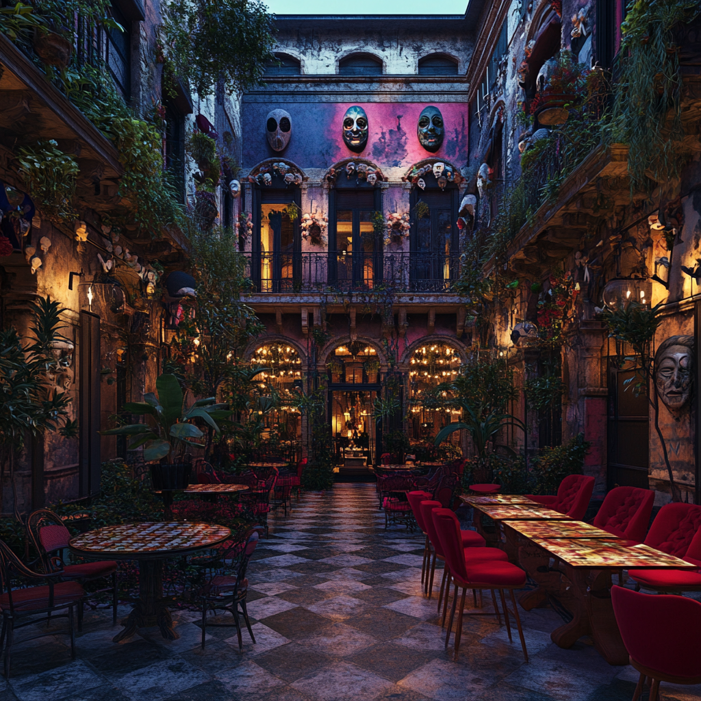 Nighttime party in Italy at Renaissance courtyard