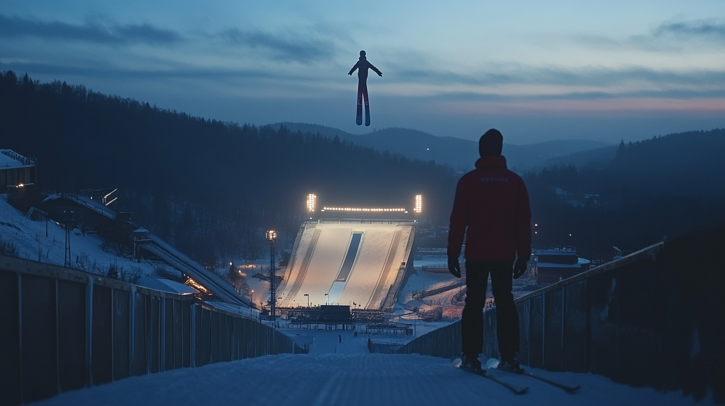 Nighttime ski jump competition with V-style form