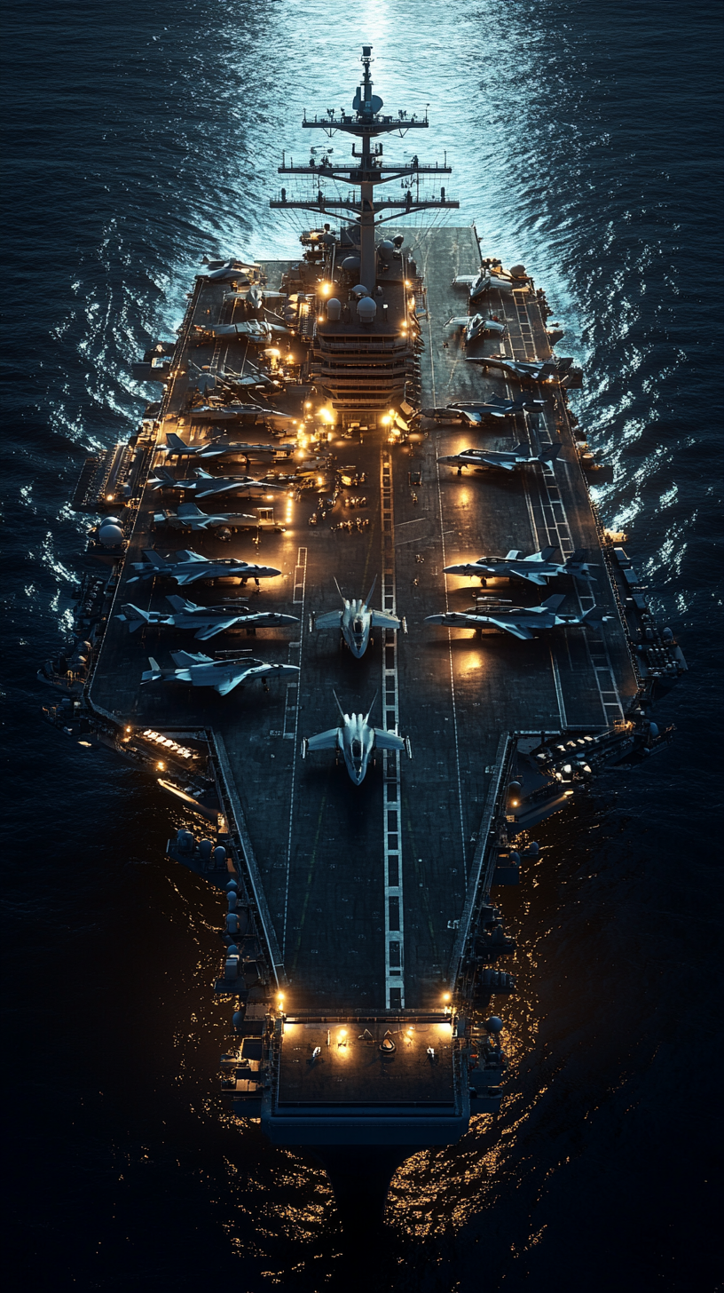 Nighttime view of USS Dwight D. Eisenhower with lights.