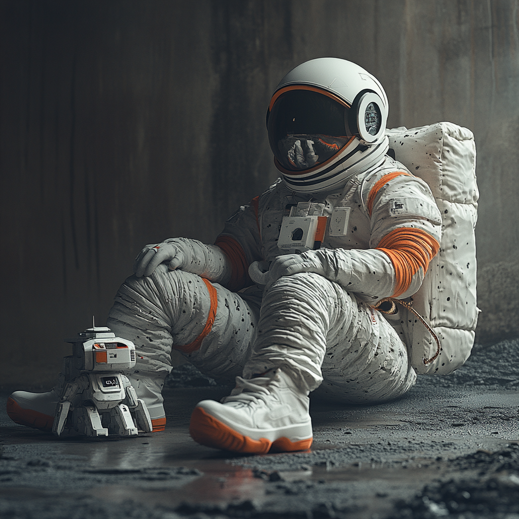 Nike Spacesuit Cosmonaut with Robot Dog on Moon