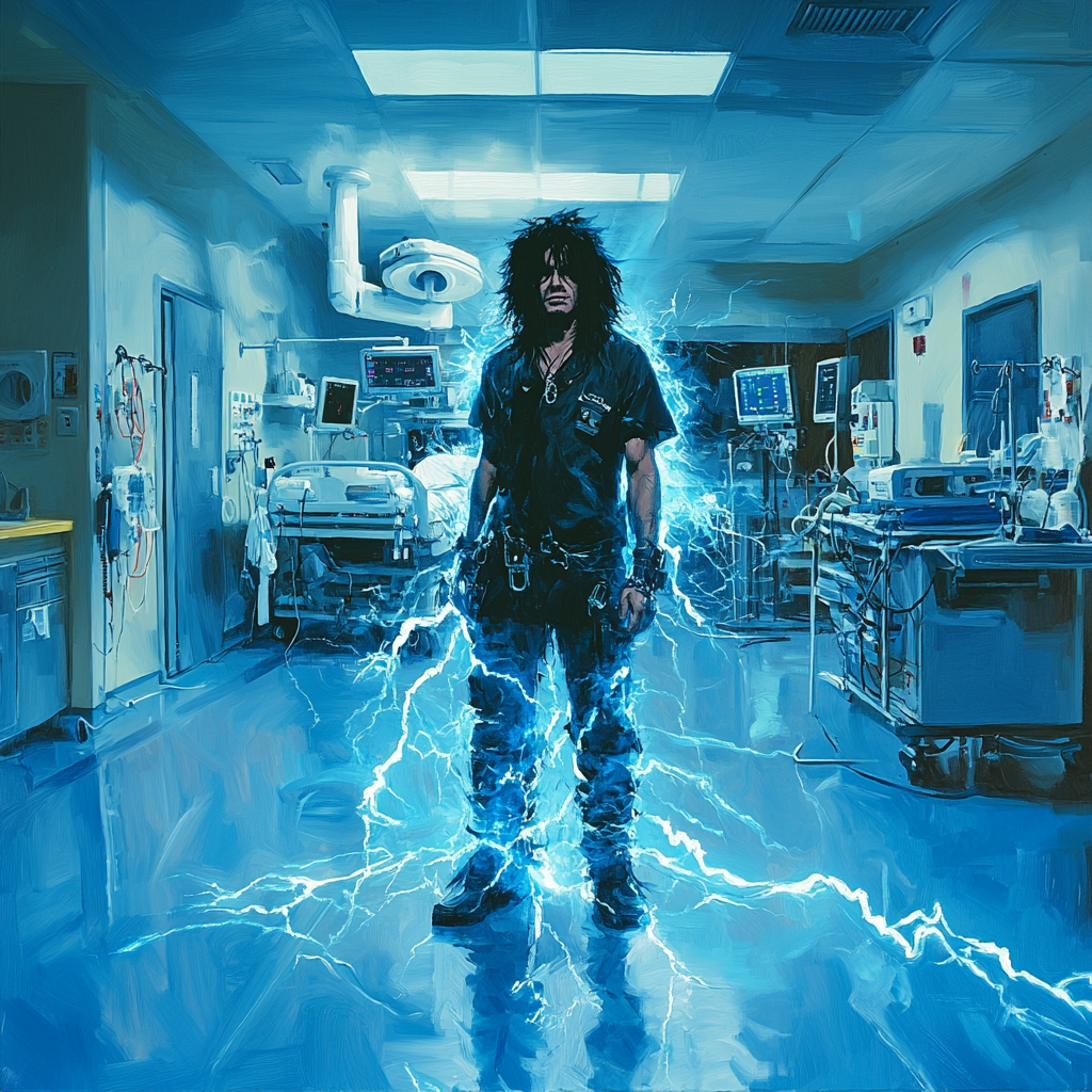 Nikki Sixx posing victoriously in electric hospital setting.