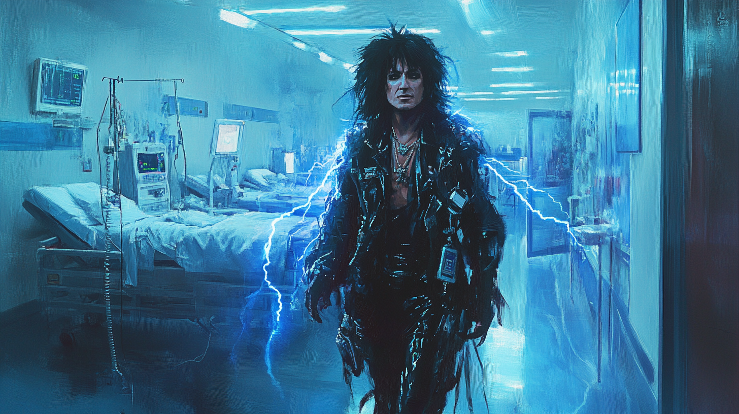 Nikki Sixx victorious in hospital surrounded by blue lightning.