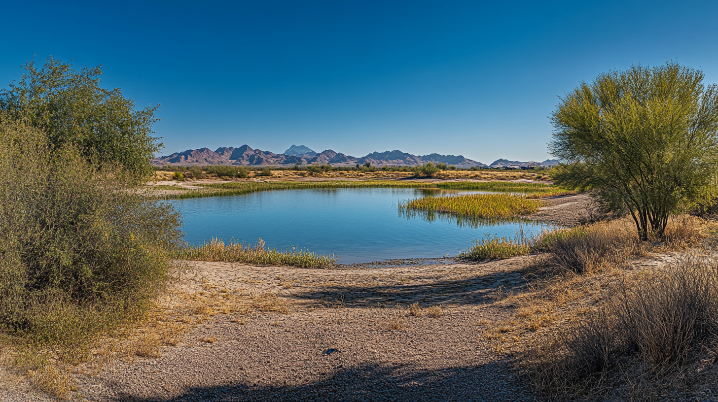 Nikon Z 9 captures desert, lake, green trees.