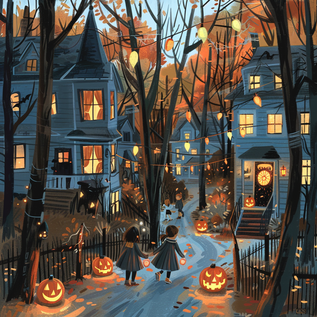 Nina and Maya excitedly explore Halloween-decorated neighborhood