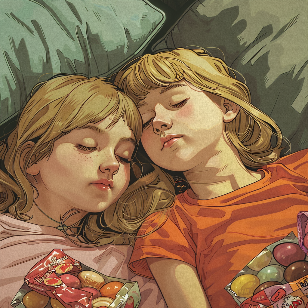 Nina and Maya sleep on couch with candy