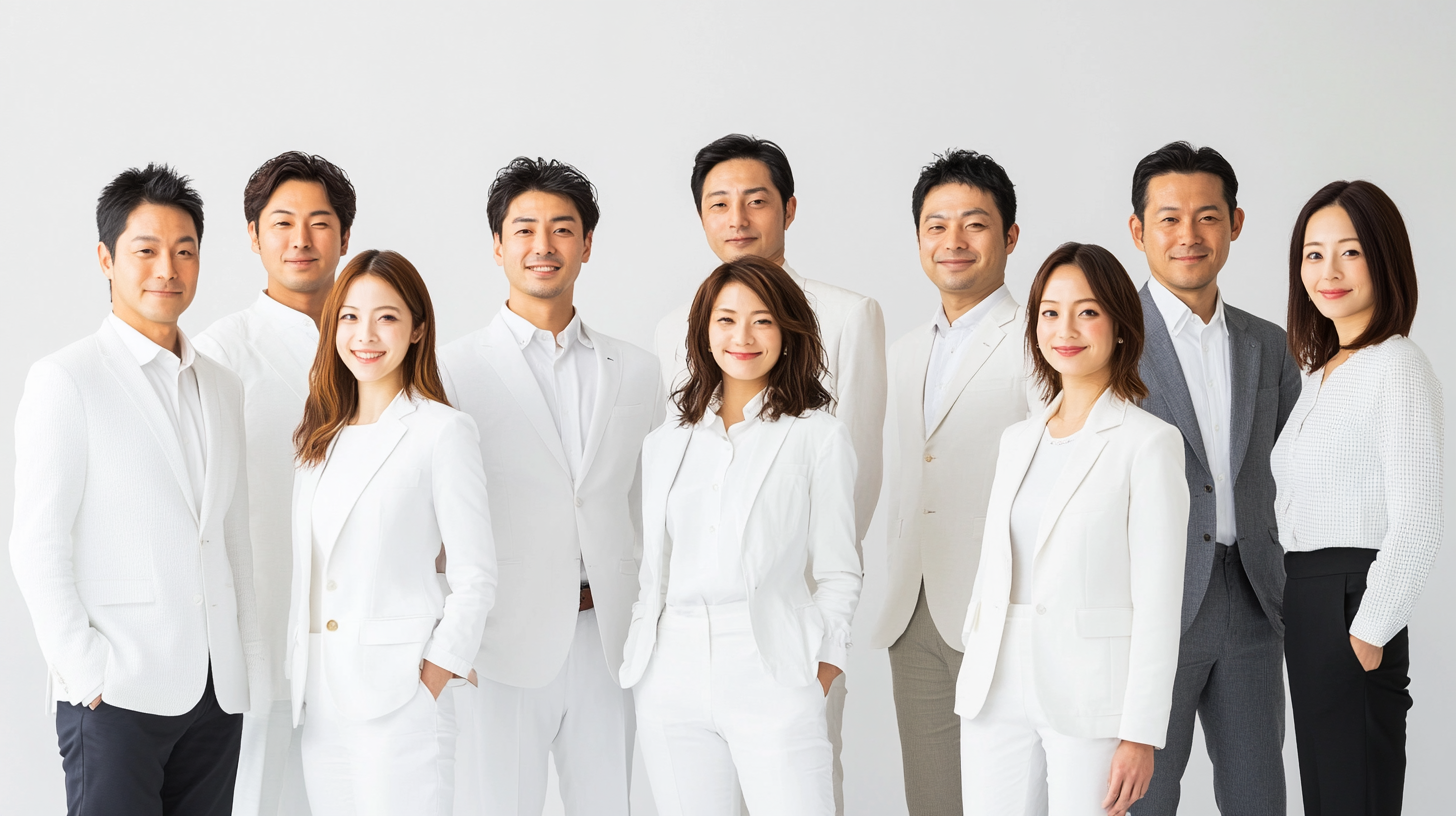 Nine Japanese professionals in sharp white suits and dresses.