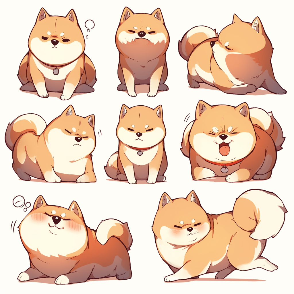 Nine cute shiba inu in different poses.