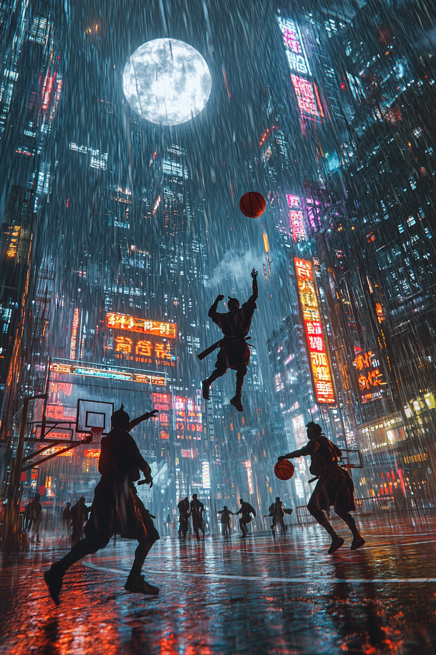 Ninjas play midnight basketball on neon-lit rooftop court.