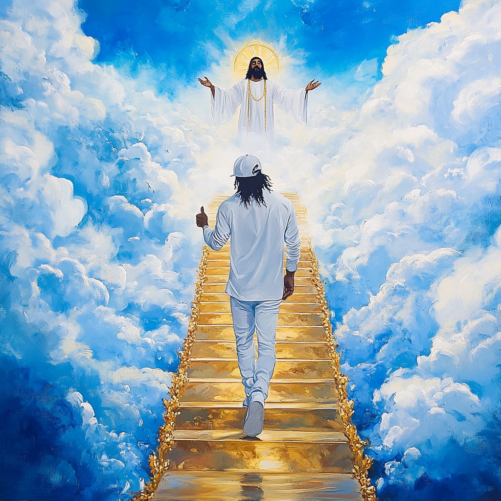 Nipsey Hussle in oil painting with Jesus welcome.