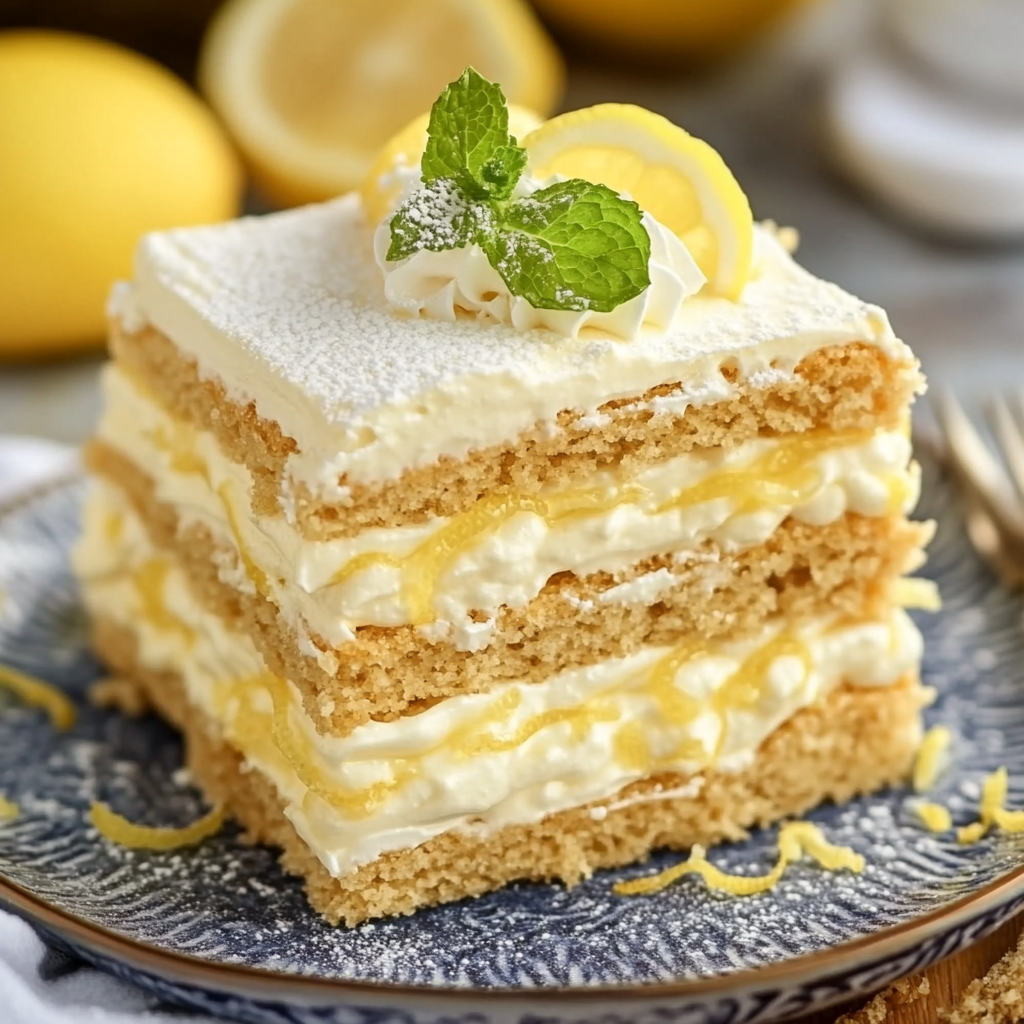 No-Bake Lemon Eclair Cake with creamy lemon filling.