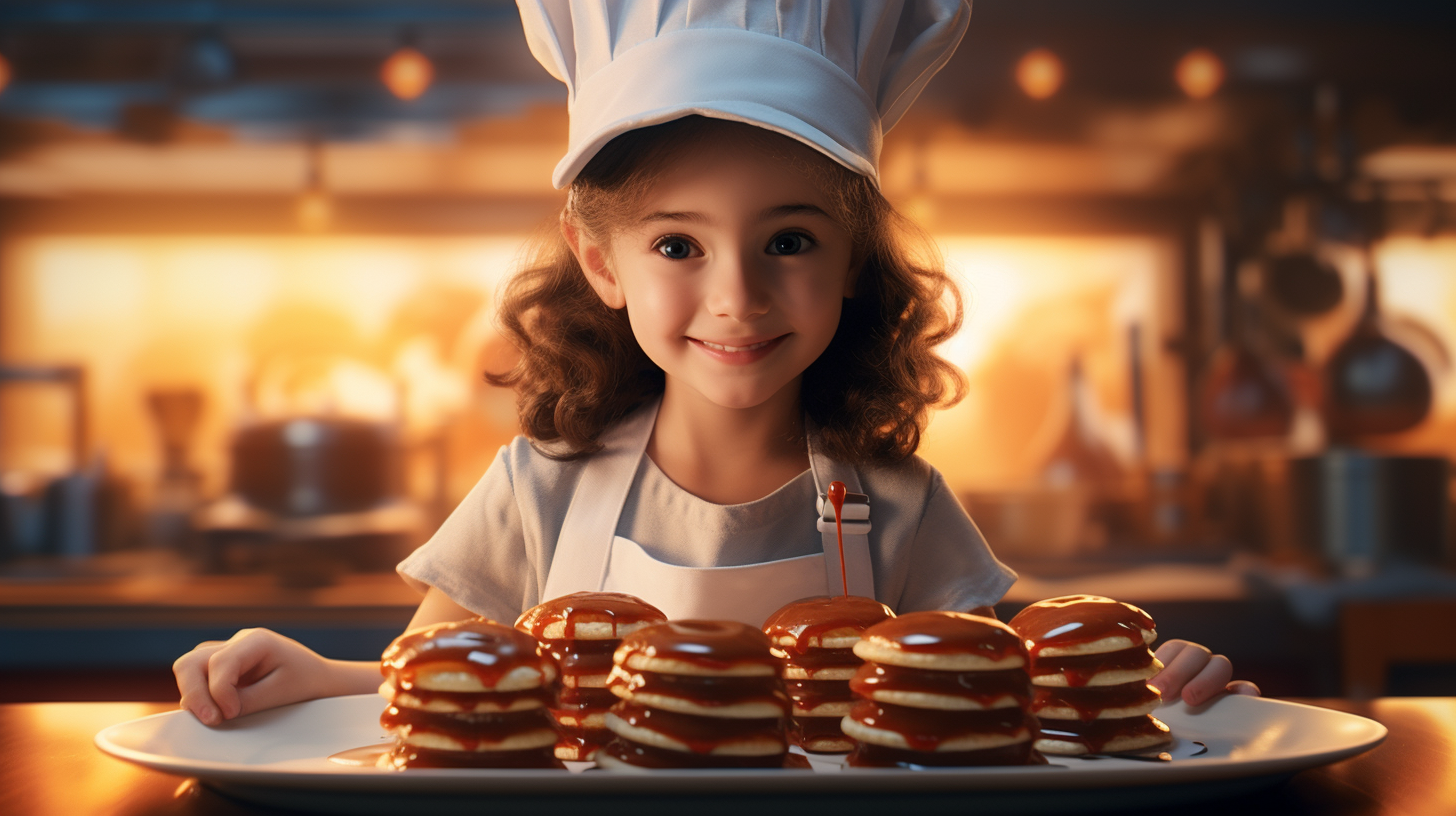 Little girl serving saucy pancakes