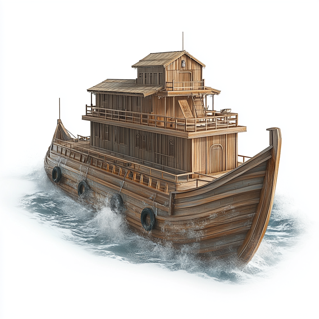 Noah's rectangular ark in turbulent water with cabin