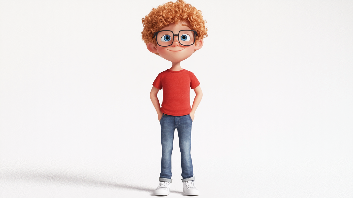 Noah, 10, with curly hair, blue eyes, confident pose, 3D render.