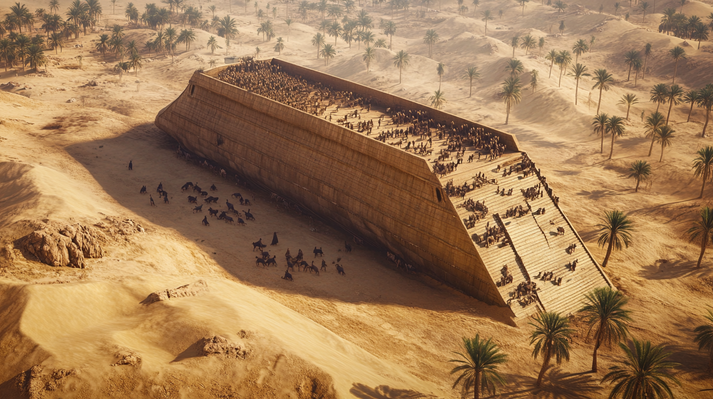 Noah, Family, Animals entering Enormous Ark in Desert