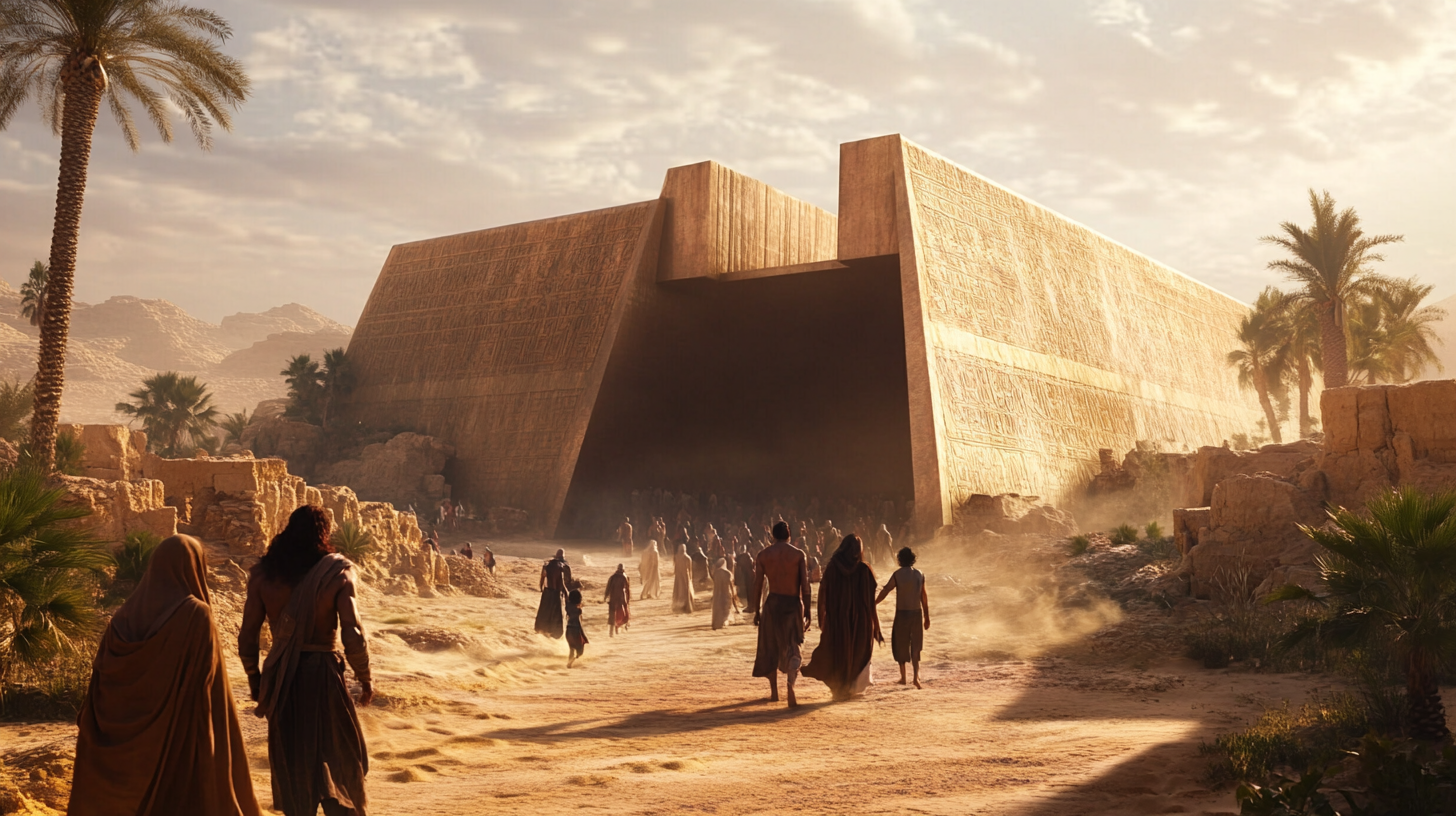 Noah and Family Entering Enormous Ark in Desert