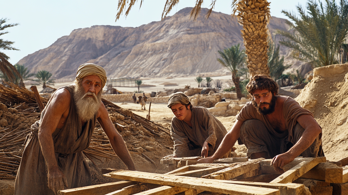 Noah and Sons Build Ark in Ancient Desert landscape