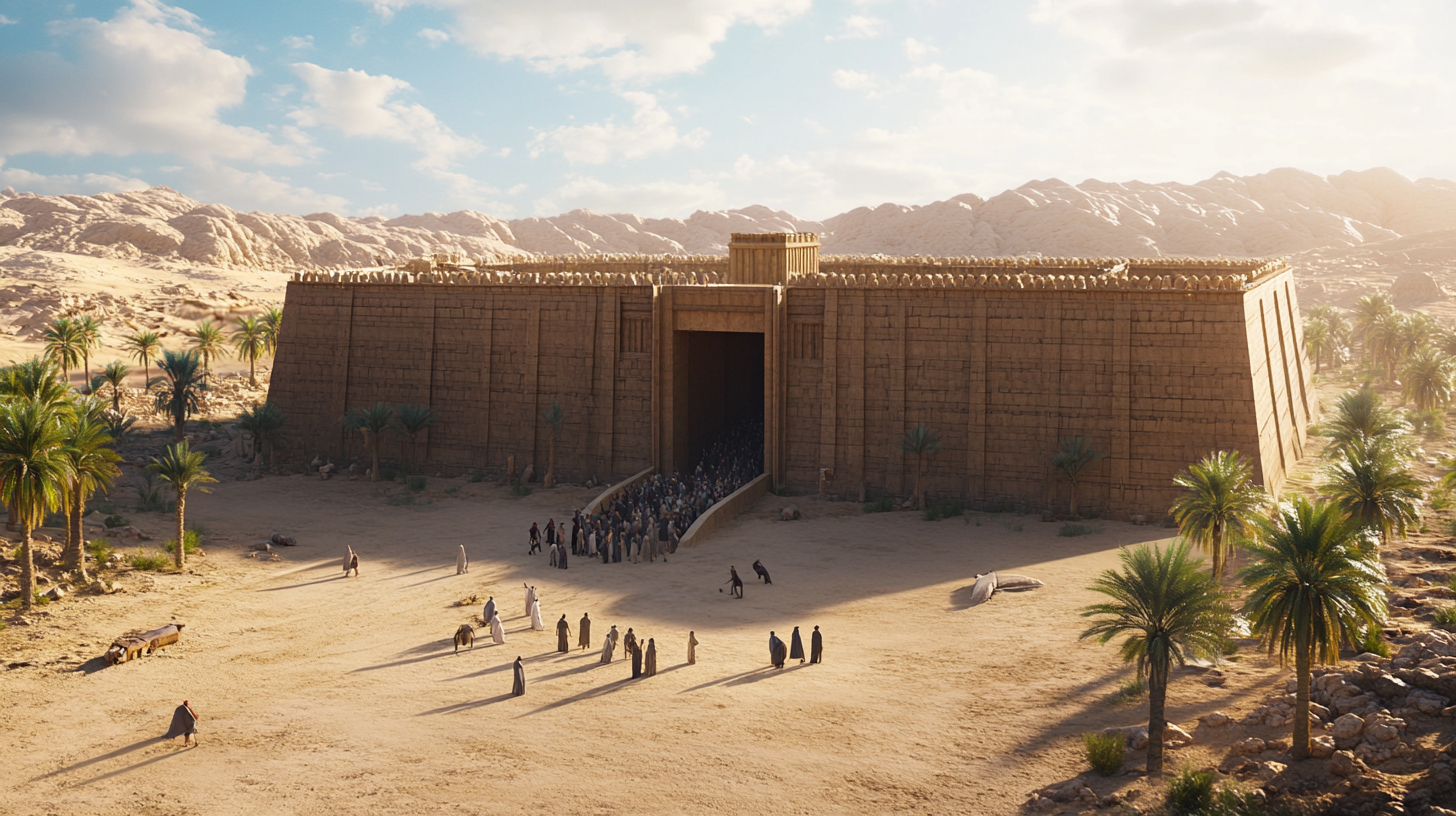 Noah and family boarding ark in desert