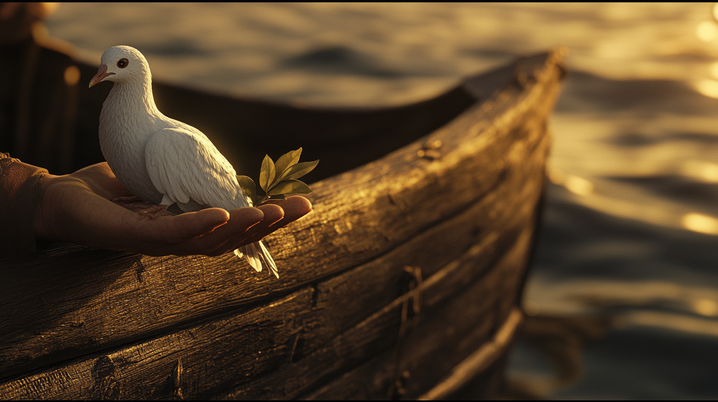 Noah holding dove on ark with olive leaf