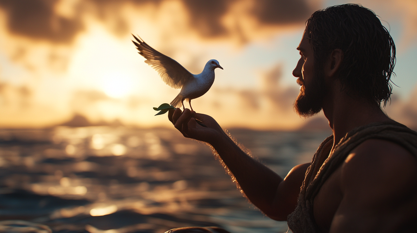 Noah holds dove - olive leaf - evening ark