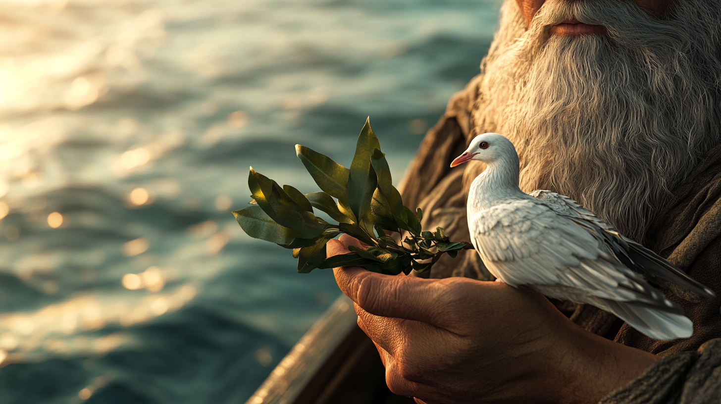 Noah holds dove on ark, dove holds olive