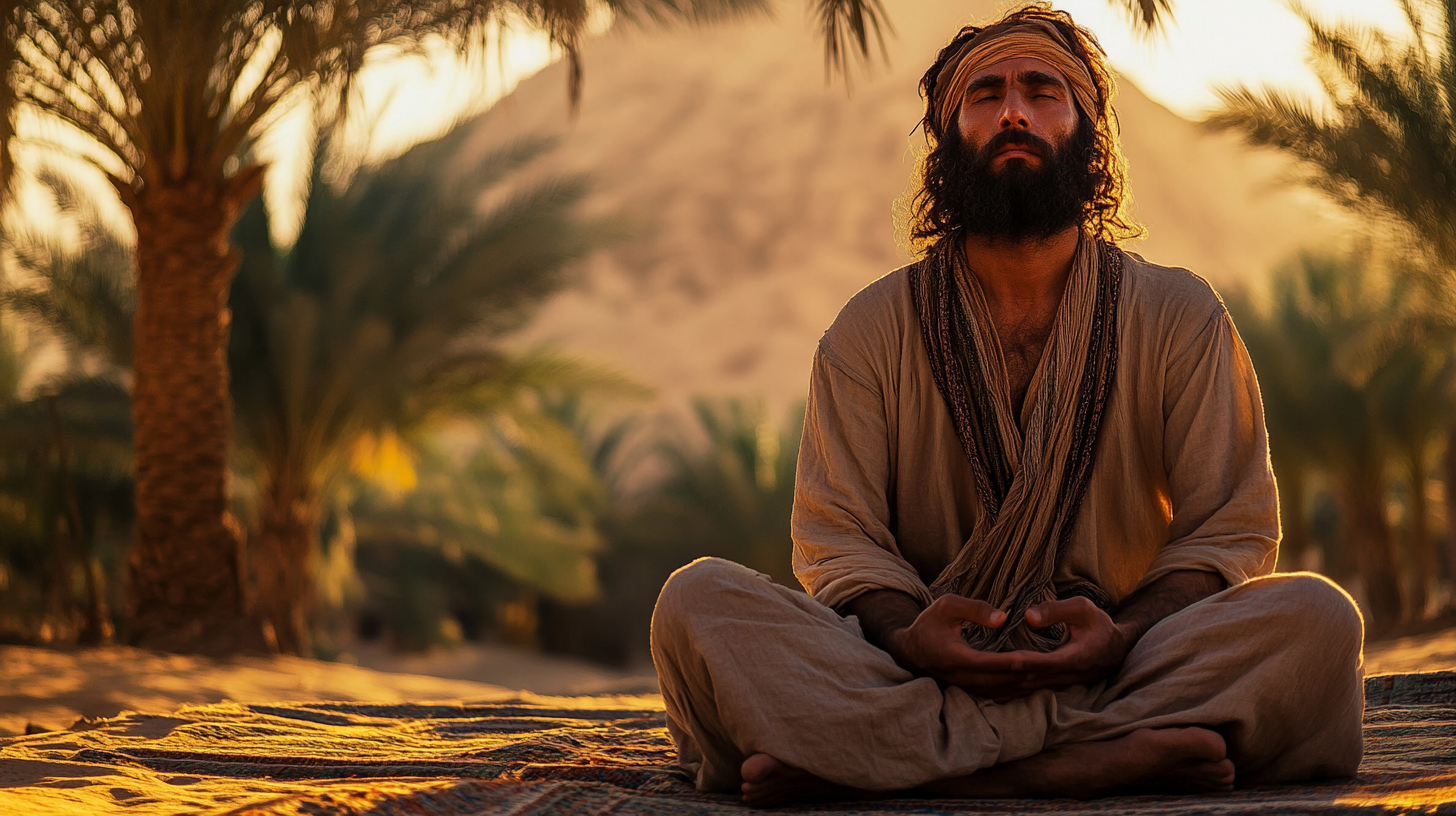 Noah meditates in desert oasis at dawn, 2000BC