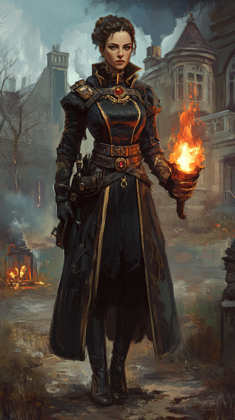 Noble human female Psyker in formal attire, fiery powers.