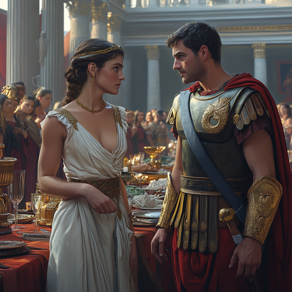 Noblewoman Livia Valeria Meets Soldier Lucius at Banquet