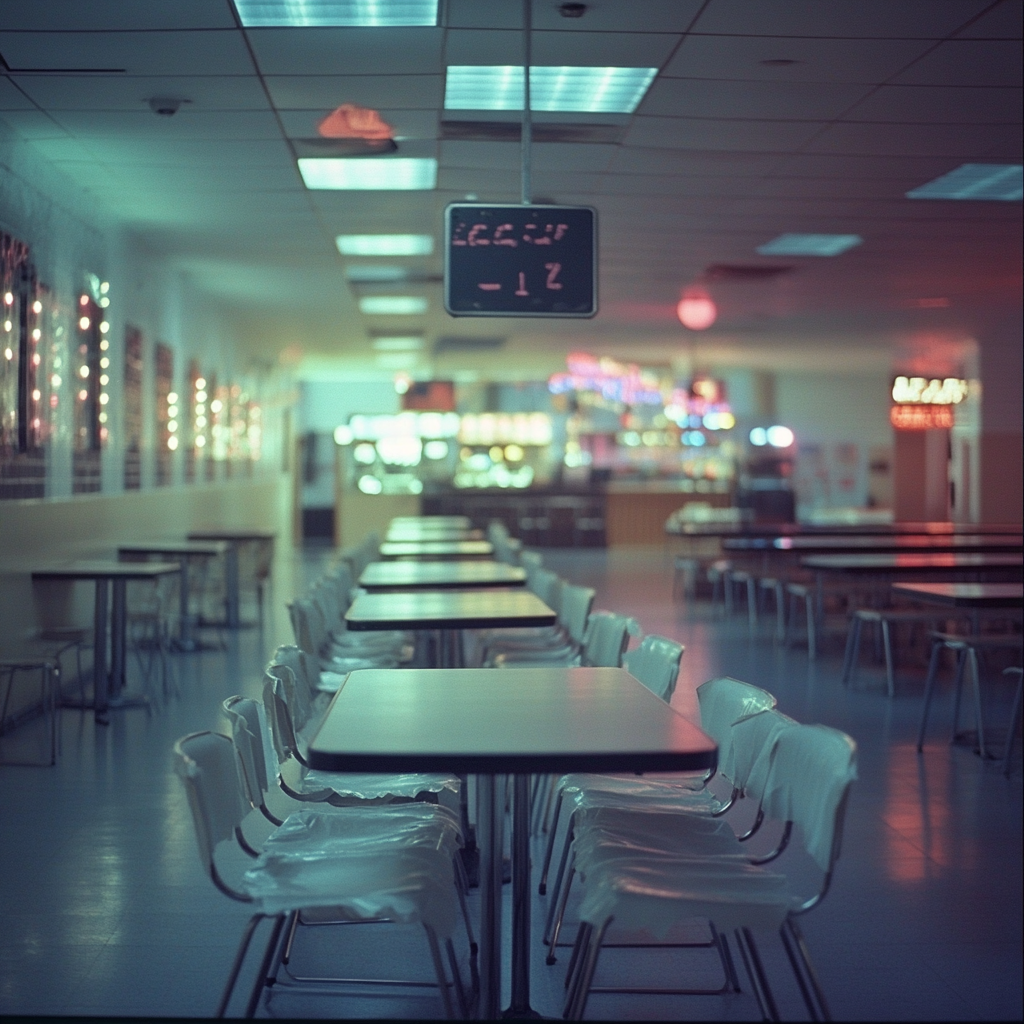 Noisy college cafeteria scene with old camcorder quality.