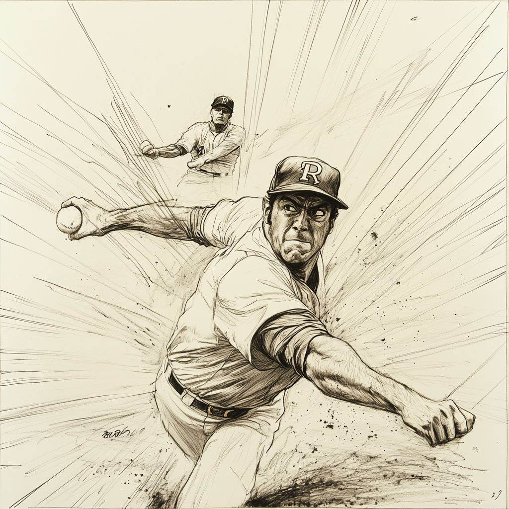 Nolan Ryan's intense pitch as batter misses swing.