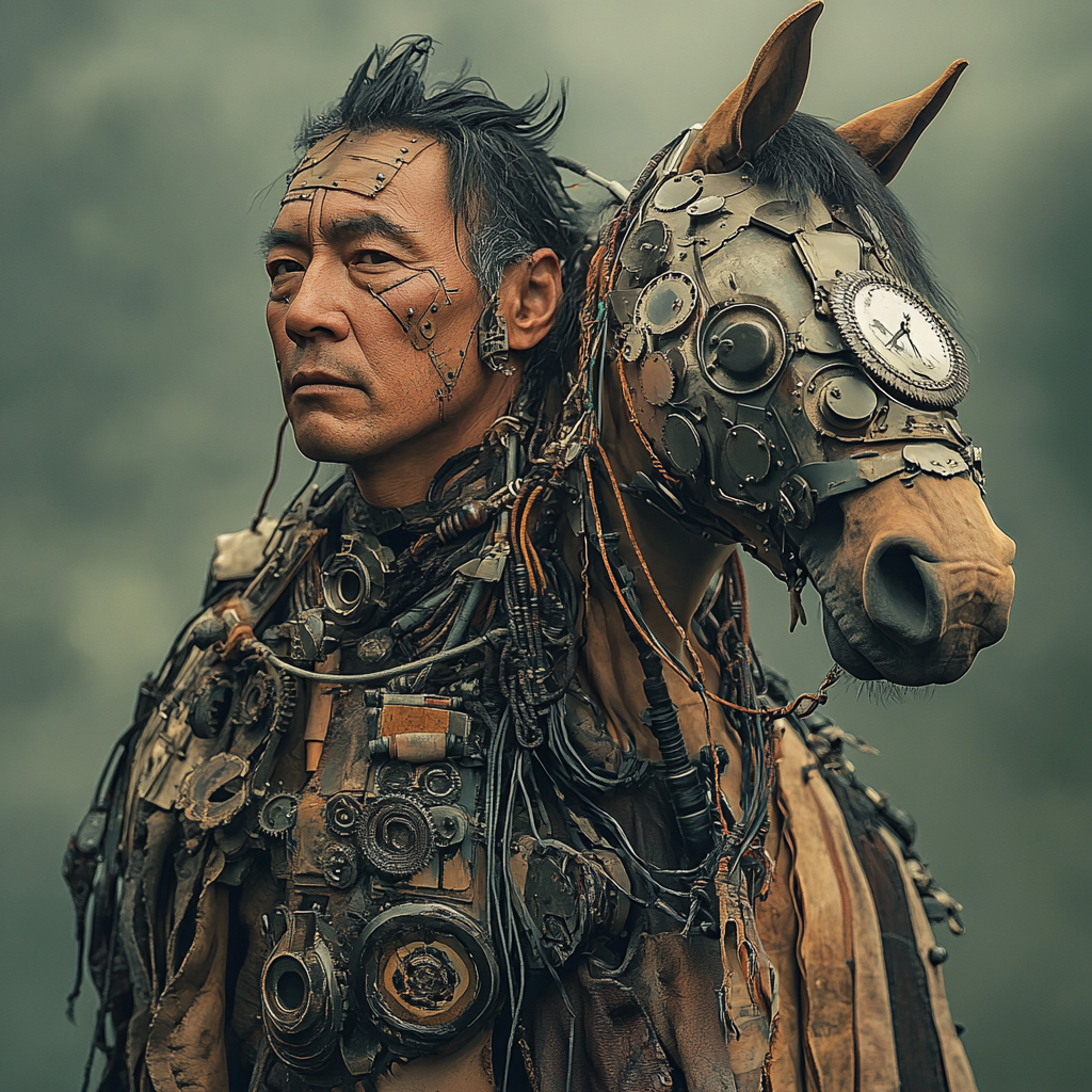 Nomad warrior with mechanical horse, clock gear patterns.