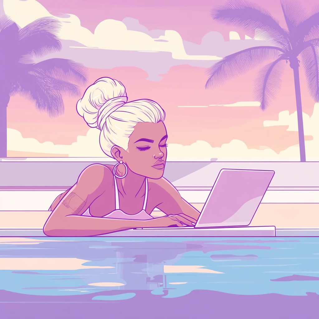 Non-binary person with blonde messy bun relaxing by pool.