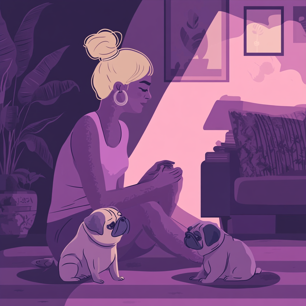 Non-binary person with pugs in cozy Airbnb setting.