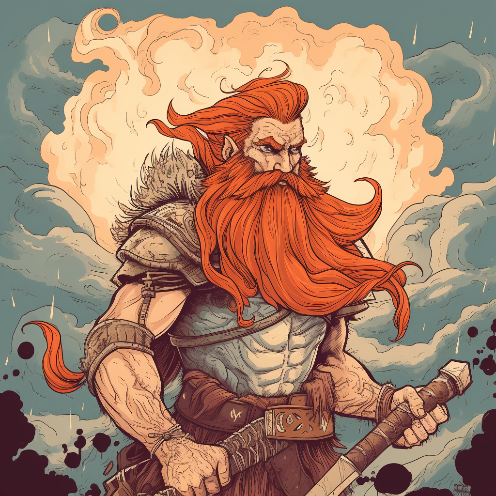 Nordic god with red hair, tattoos, lightning eyes holds battleaxe.