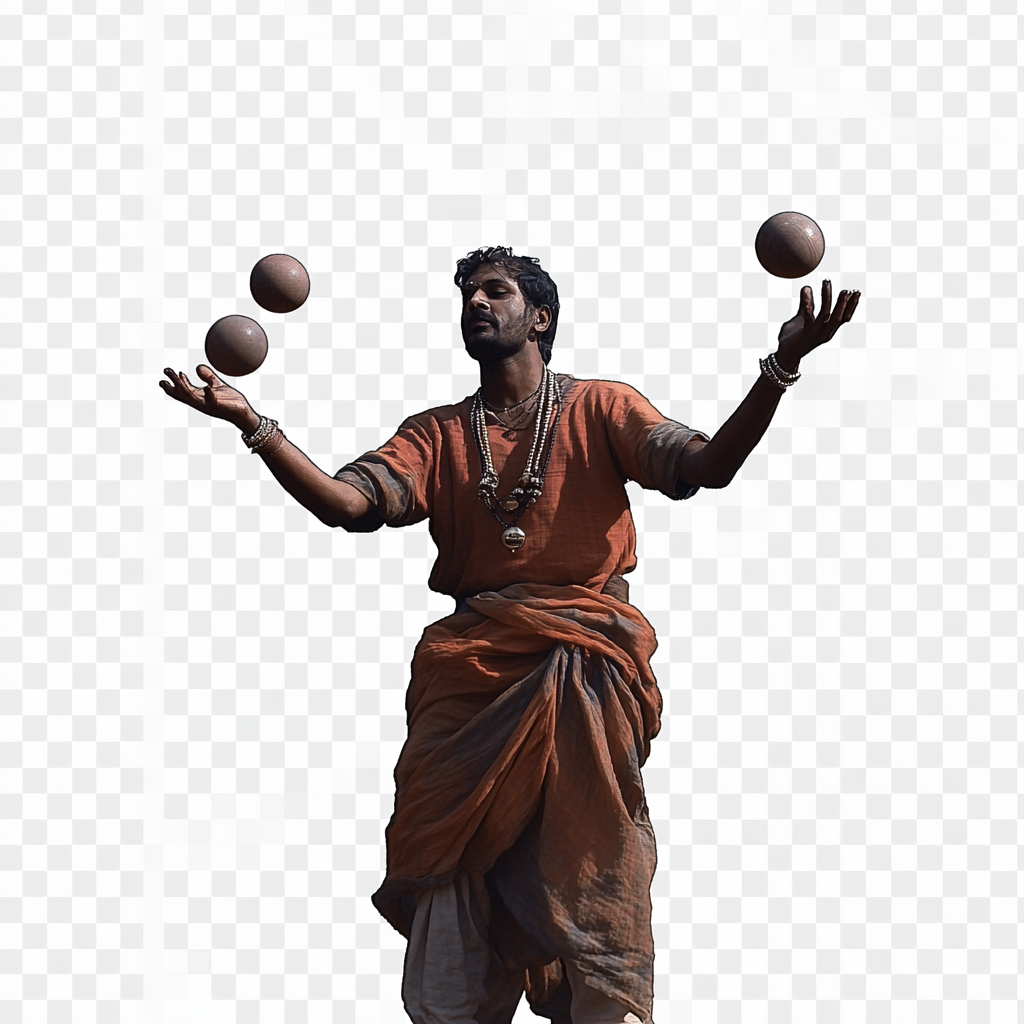 North Indian man juggling 3 sized balls on transparent background 