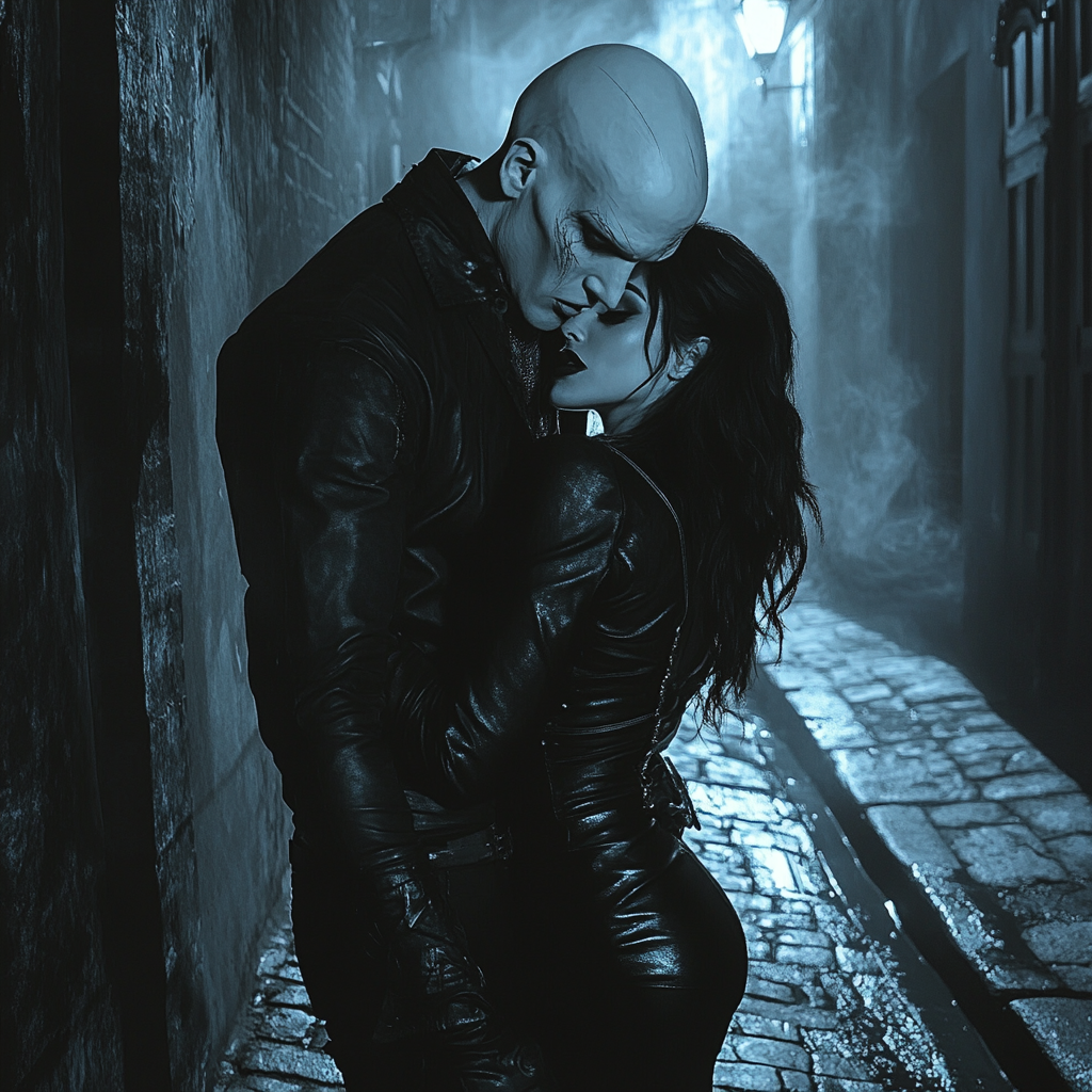 Nosferatu Vampire bites woman in dark alley.