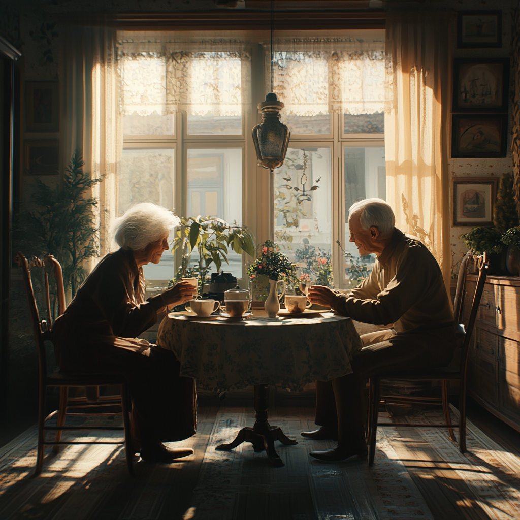 Nostalgic elderly couple sipping tea in vintage 1970s setting