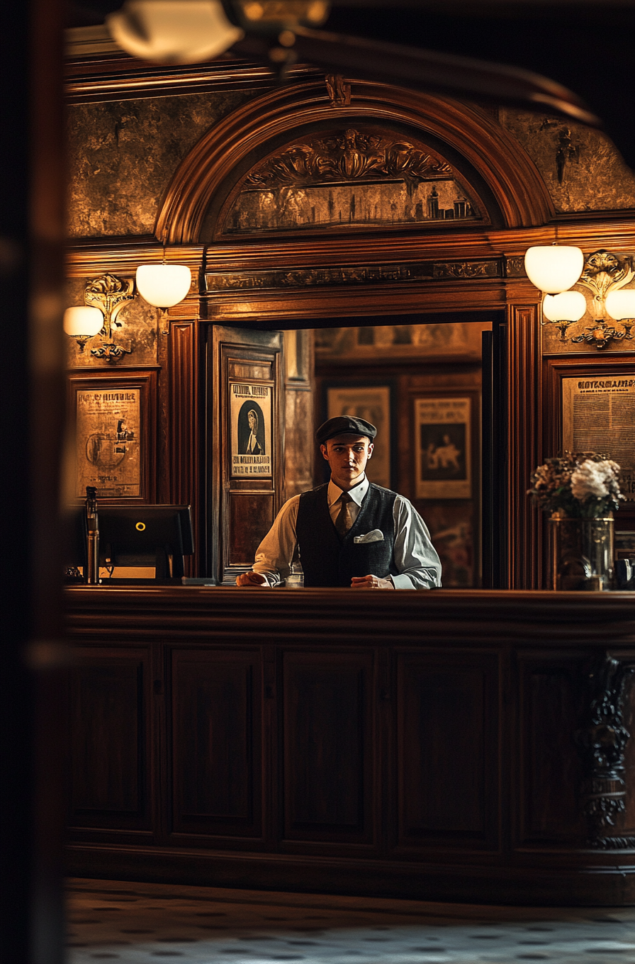 Nostalgic hotel reception with vintage European atmosphere.