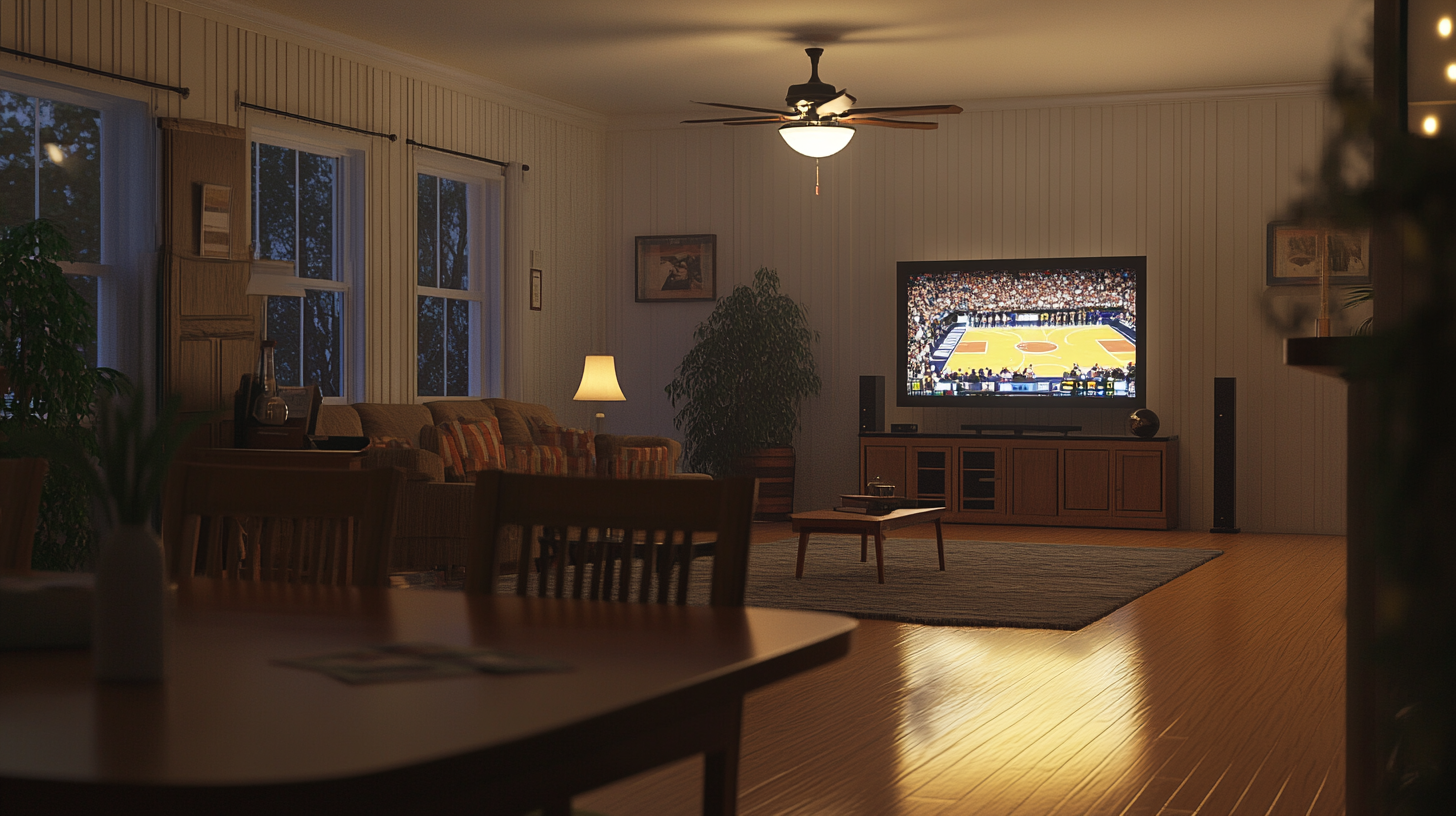 Nostalgic living room with basketball games on TV.