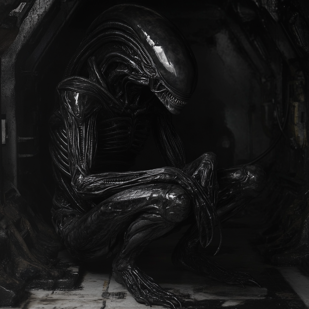 Nostromo xenomorph hiding in darkness, cinematic and realistic.