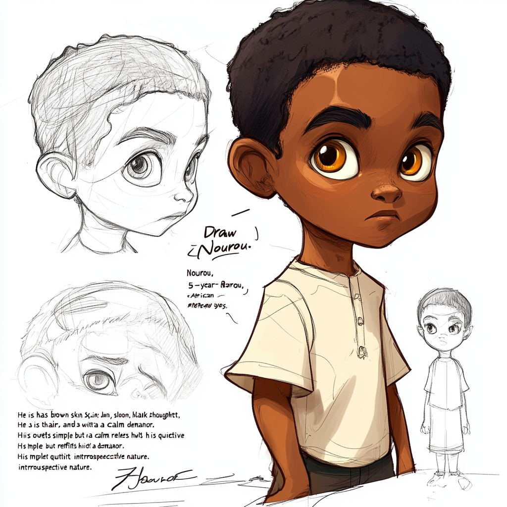 Nourou, a 5-year-old African boy, with brown skin, short black hair, and large thoughtful eyes.