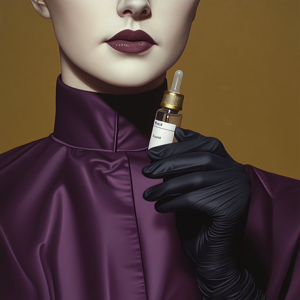 Nurse in purple scrub holding glass vial. Gold background.