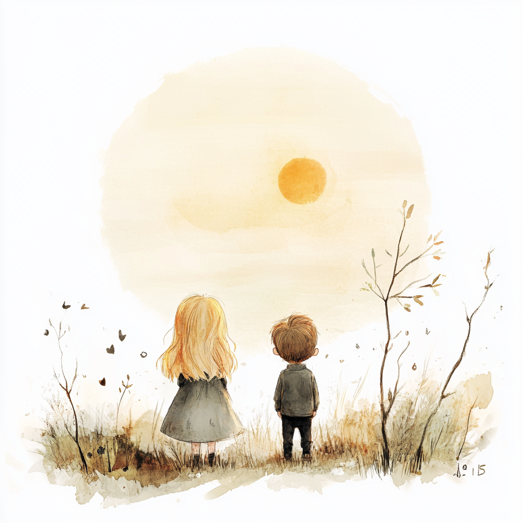 Nursery art of kids at sunset, Jon Klassen style 