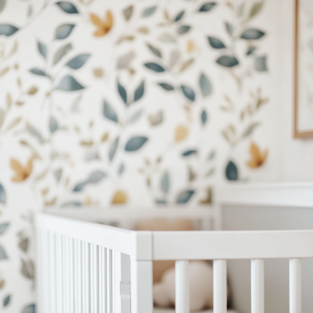 Nursery wall with central wallpaper space, white crib blurred