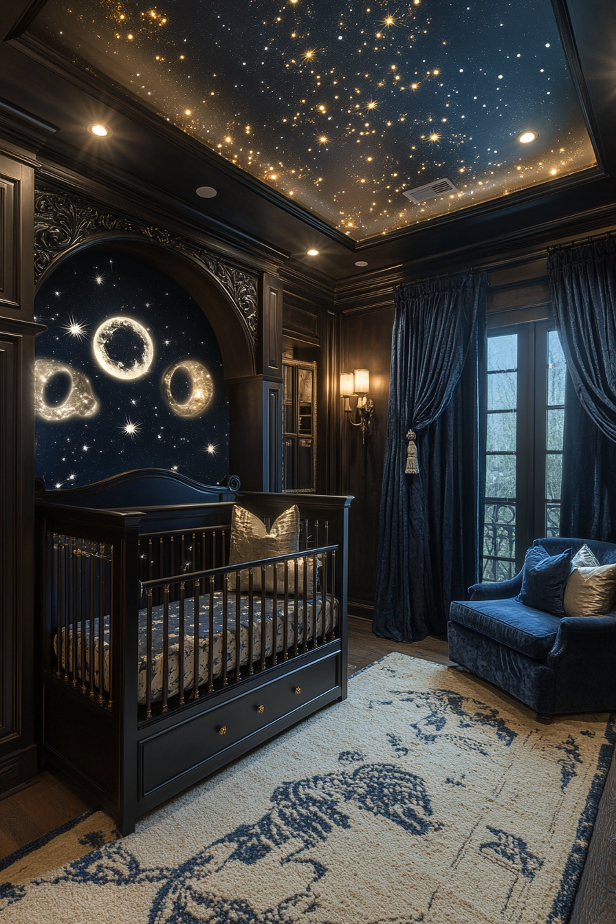 Nursery with celestial mural, dark crib, enchanting decor.