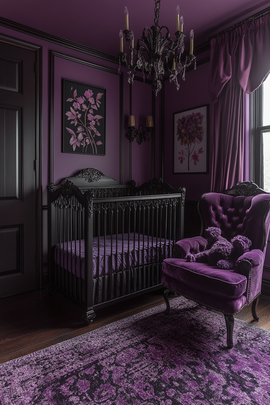 Nursery with deep purples, soft blacks, cozy atmosphere.