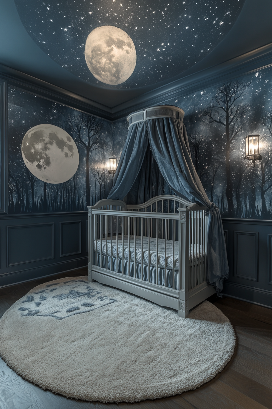 Nursery with moonlit wallpaper, starry rug, crib, gentle lighting.