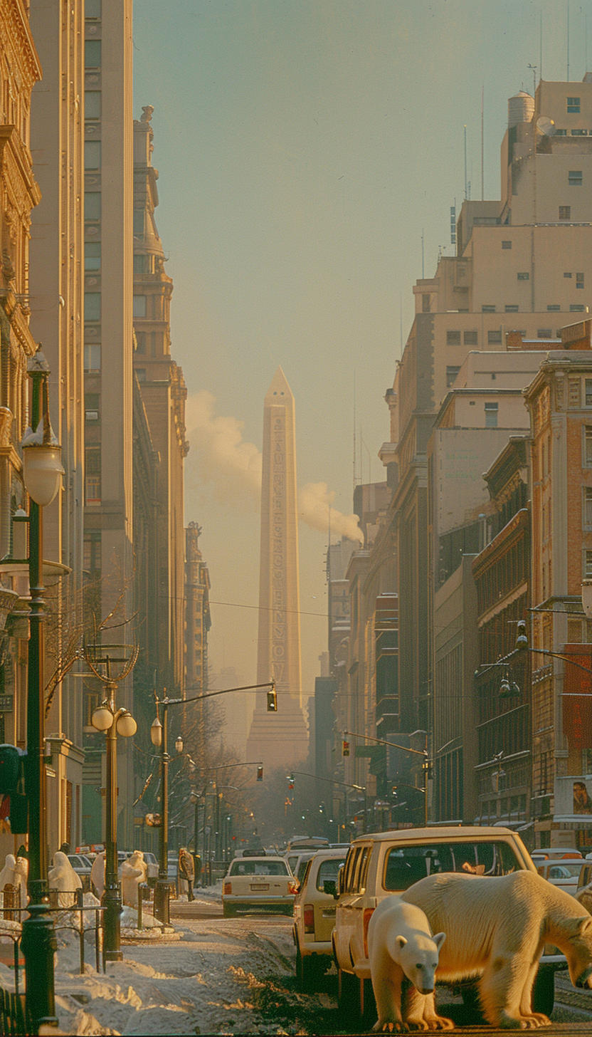 Obelisk of Buenos Aires on Corrientes Avenue, blurred background.